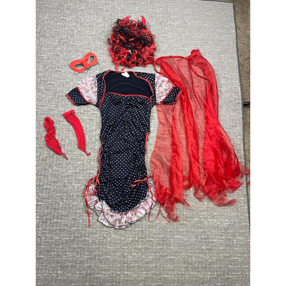PM Devil Costume Dress Set m medium 8-10 Black Red Polka Dot Cape Horn Wig Mask